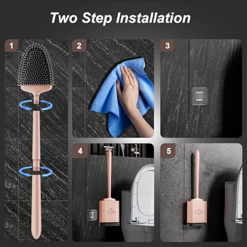 Silicone Toilet Brush, Ventilation Slots Holder 1 Pack, Rose Gold | Flexible Bristles Flat Head for Rim, Hair Tangle-Free, Easy to Clean, Compact Design, Rustproof Handle, for Toilet/Sink/Tub - color: Rose Gold