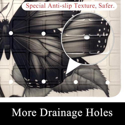Bathtub Mat Non Slip 26.8x15.1 Inch, Roses Butterflies Shower Mat with Suction Cups and Drain Holes, Machine Washable Shower Mats for Inside Shower - color: Multi 11