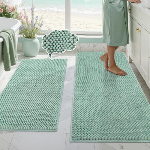 BSICPRO Bathroom Rugs Set 2 Piece, Thick Soft Multi-Color Chenille Absorbent Bath Mats, Non Slip Washable Bath Rugs, Shower Mat for Bathroom Decor (Aqua and Grey, 20" x 47" Plus 20" x 32") - color: Aqua and Grey, size: 20" x 47" Plus 20" x 32"