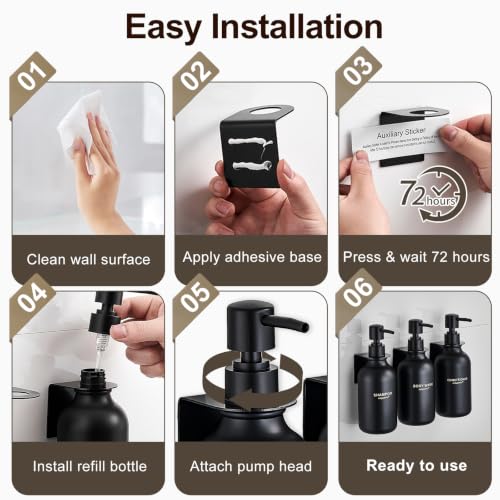 Shampoo and Conditioner Dispenser Set of 3, Matte Black | 16.9 oz Refillable Bottles, No-Drill Wall Mount, Includes 27 Labels, For Bathrooms, Hotels and Airbnbs - color: Matte Black Bottle + Black Pump