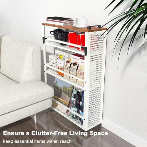 3-Tier Rolling Cart Slim - White Laundry Bathroom Kitchen | Steel Frame, Mesh Baskets, for Small Spaces, 110 lb Capacity, 4 Wheels 2 Lockable, Utility Storage Snack Coffee Craft - color: White