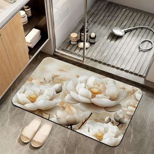 Non Slip Bath Mat,White Peonies Bathroom Decor,Lotus Flowers Diatomaceous Bath Mat Quick Dry Absorbent Bathroom Rugs-Shower Rug for Kitchen Laundry Bathtub Shower 17"x29.5" - color: White Peonies,lotus Flowers
