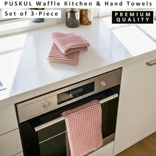 PÜSKÜL Natural 100% Turkish Cotton Waffle Kitchen and Hand Towels, 3-Piece | Pink Powder, 32x16" Large, Premium 3D Honeycomb Weave Soft Absorbent Quick-Dry Lint-Free Dish Towel, Oeko-Tex Made in Turkey - color: Pink Powder, size: Kitchen & Hand Towels Pac