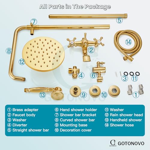gotonovo Exposed Shower Tub Faucet Set 3 Function Wall Mount,Polish Gold | Shower System Fixtures with Tub Spout,8” Rain Head and Handheld,360°Rotation,Adjustable Height,for 5-6.7" Hole,Outdoor/Indoor - color: Bright Gold
