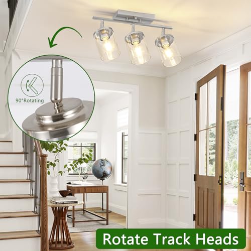 FadimiKoo 3-Lights Kitchen Light Fixtures Ceiling Mount, Brushed Nickel Adjustable Semi Flush Mount Ceiling Light with Clear Glass, Multi-Directional Track Spotlights for Kitchen Hallway Bathroom - color: Brushed Nickel, size: 3-Lights