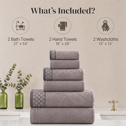 Modern Threads 6 Piece Cotton Bath Towel Set – Ultra Soft 550 GSM Towels – Bathroom Set with Hand Towels and Washcloths – Diamond Border (Silver Cloud) - color: Silver Cloud, style: Diamond Border
