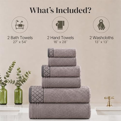 Modern Threads 6 Piece Cotton Bath Towel Set – Ultra Soft 550 GSM Towels – Bathroom Set with Hand Towels and Washcloths – Diamond Border (Silver Cloud) - color: Silver Cloud, style: Diamond Border