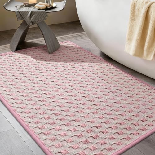 YIHOUSE Bathroom Rugs 16" x 24", Ultra Thin Checkered Weave Bath Mat - Soft Absorbent Quick Dry Bath Mat, Machine Washable Non Slip Bath Rugs for Bathroom, Shower and Tub, Pink White - color: Pink White, size: 16"x24"
