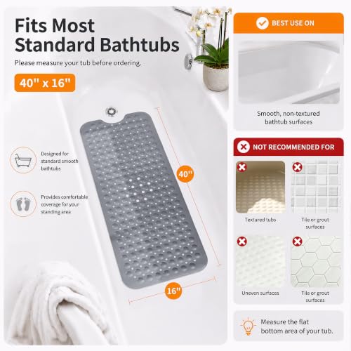 Yimobra Non Slip Bathtub Mat 40 x 16 Inch, Extra Long Shower Mat with Drain Holes, Machine Washable Baby Bath Mats, Strong Suction Cups for Bathroom Floor, Grey - color: Grey