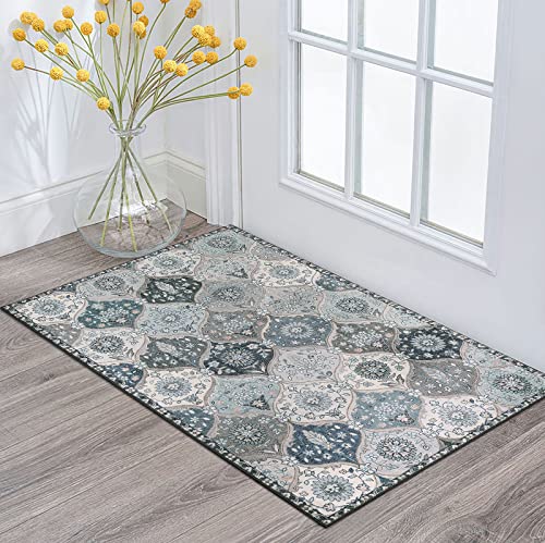 Lahome Moroccan Trellis Front Door Mat Indoor Entrance, 2x3 Rugs for Entryway Non-Slip Washable Indoor Door Mat, Oriental Accent Small Rug for Kitchen Bedroom Bathroom Elise, Blue - color: Dusty Blue Grey, size: 2' X 3' (Rectangular)