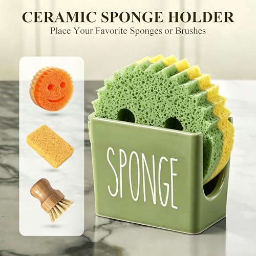 Cisily Olive Green Kitchen Soap Dispenser Set with Ceramics Sponge Holder | Stainless Steel Silver Pumps, and Instant Dry Tray, Hand and Dish Soap Dispenser Set, Kitchen Sink Olive Green Decor - color: Olive Green+ Silver+ Sponge Holder