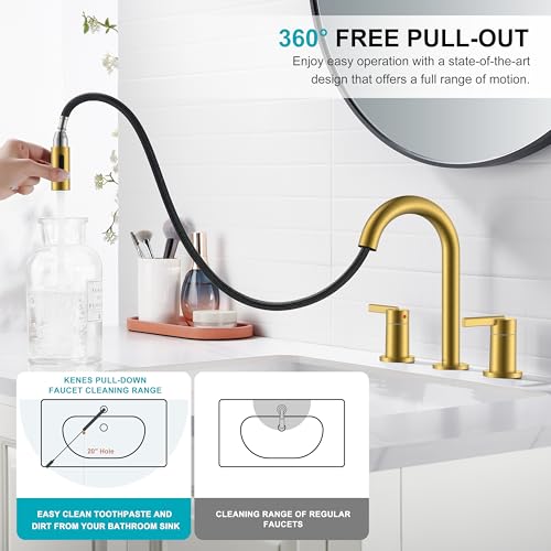 Brushed Gold Pull Down Widespread Bathroom Faucet 2 Handle 3 Hole | Pull Out Bathroom Faucet with Pop Up Drain & Supply Lines, Lead-Free cUPC & NSF Certified, 8 Inch Faucet for Vanity RV Sink - color: Brushed Gold