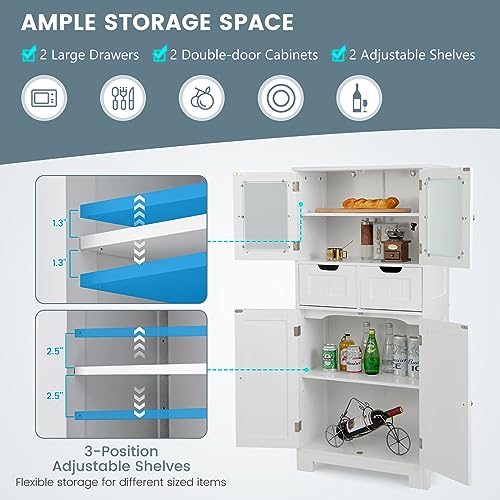 COSTWAY Tall Bathroom Storage Cabinet, Freestanding Storage Organizer with Glass Doors, 2 Drawers & 2 Adjustable Shelves, Wooden Linen Floor Cabinet for Bathroom, Living Room, Kitchen (White) | with Glass Doors, 2 Drawers & 2 Adjustable Shelves, Wooden Li