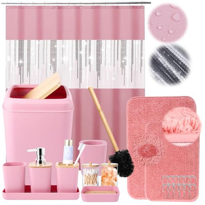 Pink Bathroom Accessories Set with Glitter Shower Curtain and Rugs,Bathroom Sets with Extra Soft and Absorbent Bath Rugs Sequin Shower Curtain Pink Bathroom Sets for Bath Decor - size: Bath Set+Shower Curtain+Bath Rugs, style: Pink1