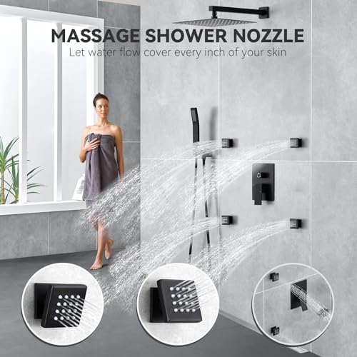 Rain Shower System With Complete 4 Pcs Body Sprays Jets And Pressured Balance Rough-in Valve,12Inch Rainfall Shower Head And Handheld, Modern Matte Black Wall Mount Shower Faucets Sets - color: Matte Black, style: Wall-Mounted 4 Jets