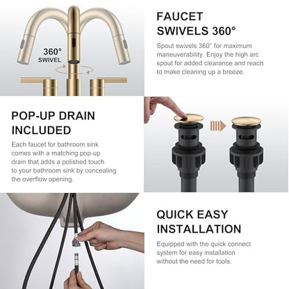 Champagne Bronze Pull Down Centerset Bathroom Faucet 4 Inch 2 Handle | Pull Out Bathroom Faucet with Pop Up Drain & Supply Lines, Lead-Free cUPC & NSF Certified, 3 Hole Faucet for Vanity RV Bar - color: Champagne Bronze