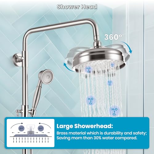 gotonovo Exposed Shower System Wall Mount,Brushed Nickel,Metal Handheld | 8” Rain Shower Head Faucet Set Fixtures,2 Function,Two Cross Handle,Height Adjustable,for 5-6.7" Hole,Indoor Victorian Retro - color: Nickel