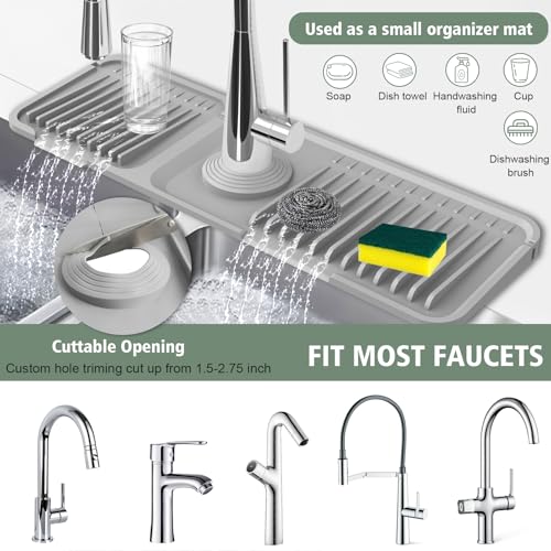 17.7-Inch Kitchen Sink Splash Guard Mat | 7° Slope for Fast Self-Draining | Snap-Lock Design | Universal & Cuttable Silicone Faucet Mat Gray - color: Gray, size: 17.7" x 5.5"