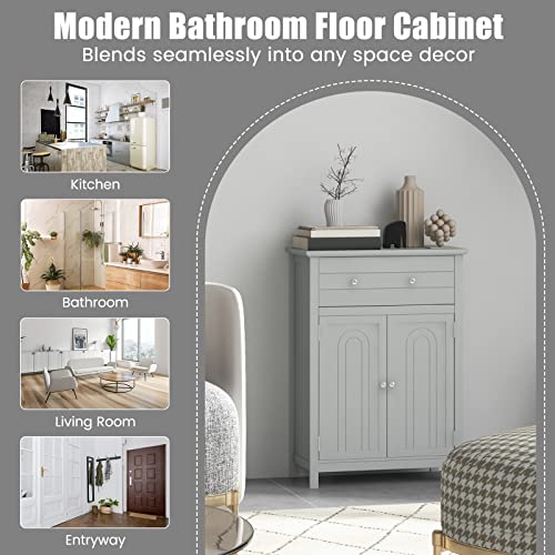 COSTWAY Bathroom Floor Cabinet, Wooden Side Storage Organizer w/Larger Drawer, Adjustable Shelf & 2-Door Cupboard, Freestanding Storage Cabinet for Living Room, Kitchen, Entryway (Grey) | Larger Drawer, Adjustable Shelf & 2-Door Cupboard, Freestanding Sto