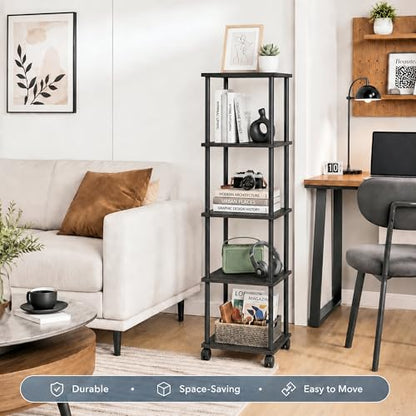 5-Tier 50.4" Tall Black Bathroom Shelving Unit with Wheels | Wood Finish, Metal Frame, Rolling Narrow Open Shelf Design, for Laundry Room, Kitchen, Living Spaces, Easy to Move - color: Black, size: 5-Tier