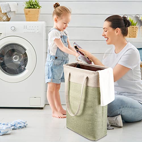 Laundry Basket with Handles Beige&Green Slim Laundry Bin Collapsible Dirty Clothes Basket Narrow Laundry Bag Foldable Dirty Hamper for Camping, Dorms, Apartments - color: Beig&Green