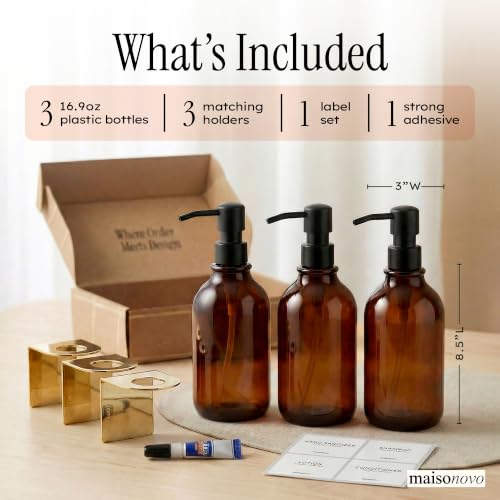 Shampoo and Conditioner Dispenser Wall Mounted Set of 3 Amber Gold - No Drill Shower Soap Dispenser for Bathroom Refillable - Spa Hotel Style Accessories by MaisoNovo - color: Amber Gold Set of 3