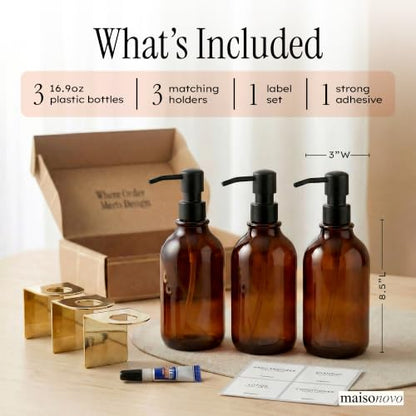 Shampoo and Conditioner Dispenser Wall Mounted Set of 3 Amber Gold - No Drill Shower Soap Dispenser for Bathroom Refillable - Spa Hotel Style Accessories by MaisoNovo - color: Amber Gold Set of 3
