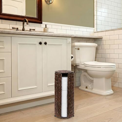 PINXIURY Water Hyacinth Paper Roll Holder, Wicker Toilet Paper Holder Stand for Bathroom, Toilet Roll Holder Stand for Bathroom and Under Sink, 3 Rolls of Toilet Paper Storage, Coffee - color: Coffee