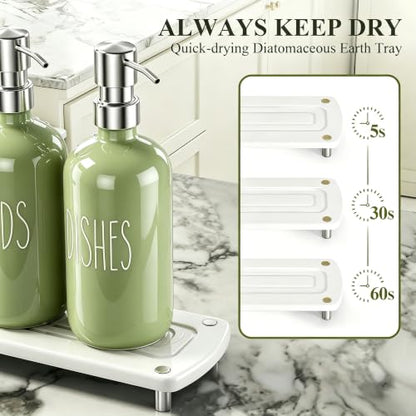 Cisily Olive Green Kitchen Soap Dispenser Set with Ceramics Sponge Holder | Stainless Steel Silver Pumps, and Instant Dry Tray, Hand and Dish Soap Dispenser Set, Kitchen Sink Olive Green Decor - color: Olive Green+ Silver+ Sponge Holder