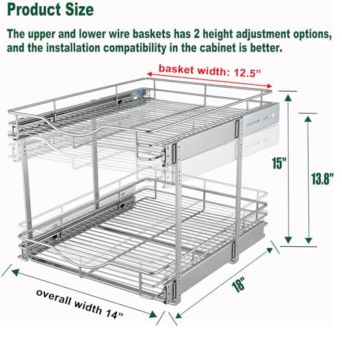 DINDON 2 Tier Pull Out Cabinet Organizer (14" W X 18" D), Double Tier Wire Basket Slide Out Shelf Storage for Kitchen Base Cabinet Organization for Kitchen, Pantry, Bathroom, Chrome - size: 14" W X 18" D