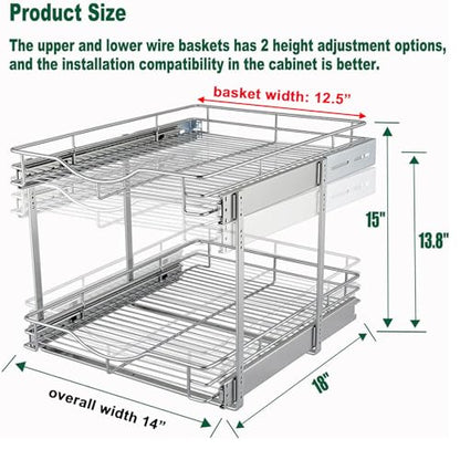 DINDON 2 Tier Pull Out Cabinet Organizer (14" W X 18" D), Double Tier Wire Basket Slide Out Shelf Storage for Kitchen Base Cabinet Organization for Kitchen, Pantry, Bathroom, Chrome - size: 14" W X 18" D