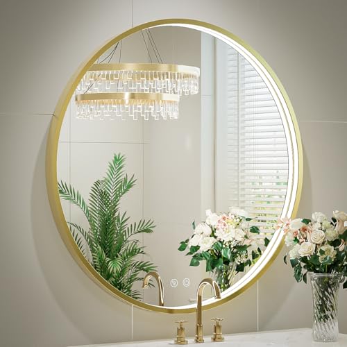 36" Round LED Bathroom Mirror, Dimmable Anti-Fog Vanity Mirror with Touch Control, 6000K Natural Light, Gold Metal Frame, Wall Mounted for Makeup Shaving (IP54, 90+ CRI) - color: Gold, size: 36"L x 36"W