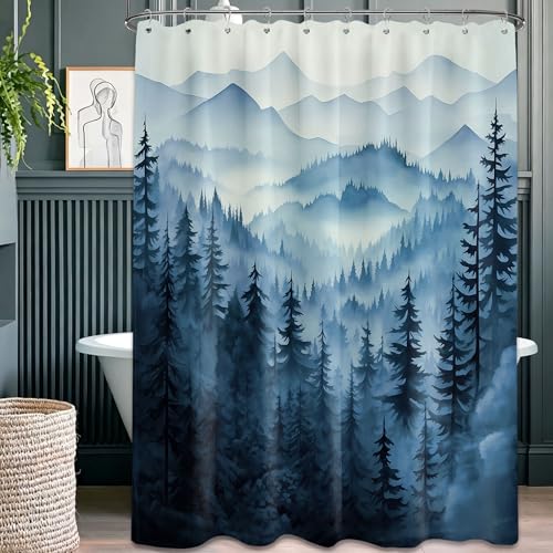 Navy Blue Forest Shower Curtain Dark Blue Mountain Nature Shower Curtains for Mens Bathroom Decor, Waterproof Fabric with Hooks, 60x72in - color: Blue, size: 60"W x 72"L (Pack of 1)