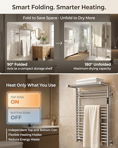 Heated Towel Rack Foldable Smart Dual-Zone APP No-Drill Brushed CA3 - color: Brushed, size: Ultra-17Bar H35.43 x W21.65