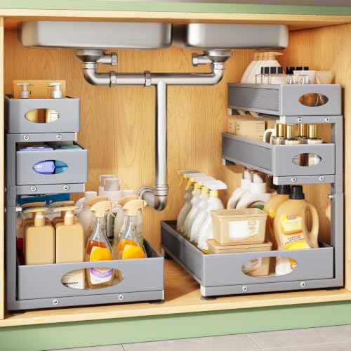 Kitstorack Under Sink Organizer 3-Tier Slide Out Drawer 2-Pack Grey | Height Adjustable, Metal Mesh Storage Rack, Pull out Cabinet Organizer Shelf for Bathroom Kitchen Pantry Home Organization - color: Gray, size: 2-Pack