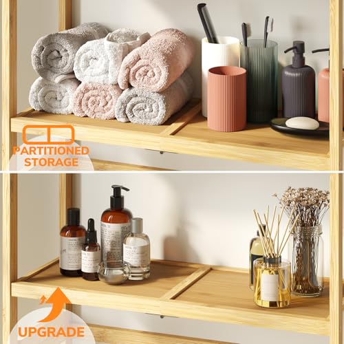 AMBIRD Over The Toilet Storage, 3-Tier Bathroom Organizer Over Toilet with Sturdy Bamboo Solid Shelves, Non-Slip Pads and 3 Hooks, Multifunctional Behind Toilet Shelf Rack, Space Saver (Original)