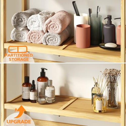 AMBIRD Over The Toilet Storage, 3-Tier Bathroom Organizer Over Toilet with Sturdy Bamboo Solid Shelves, Non-Slip Pads and 3 Hooks, Multifunctional Behind Toilet Shelf Rack, Space Saver (Original)
