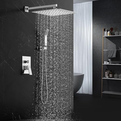 SR SUN RISE Polished Chrome Square Rainfall Shower Head and Handle Set, Wall Mounted Shower Fixtures, Metal Shower Faucet Trim Repair Kits (With Shower Valve) 16 Inches - color: Polished Chrome, size: 16 Inch