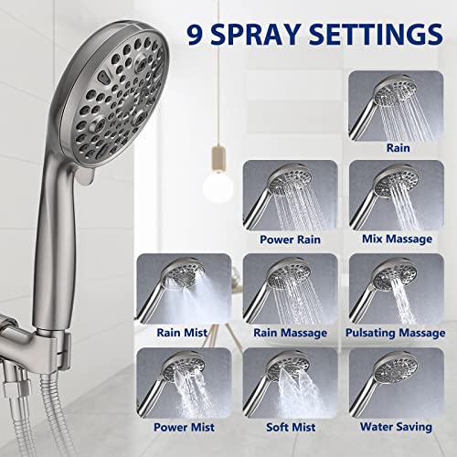 High Pressure 10-Setting Handheld Shower Head, 5" Detachable Shower Spray, 79" Extra Long Stainless Steel Hose, Adjustable Bracket - Brushed Nickel - color: Brushed Nickel