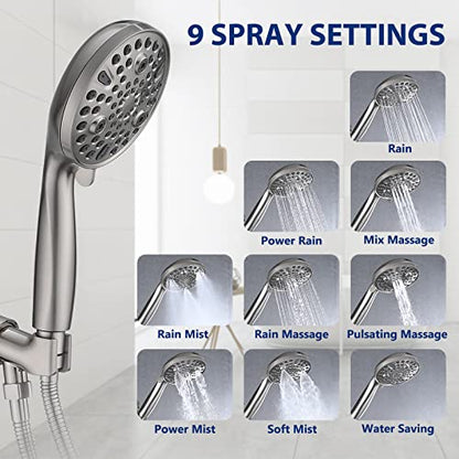 High Pressure 10-Setting Handheld Shower Head, 5" Detachable Shower Spray, 79" Extra Long Stainless Steel Hose, Adjustable Bracket - Brushed Nickel - color: Brushed Nickel