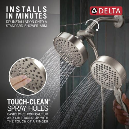 Delta Round 2-in-1 Dual Shower Head with 4-Setting HandHeld Spray, Brushed Nickel Detachable Double Shower Head with Hose, Showerhead, 1.75 GPM Flow Rate, Stainless 75756SS - color: Stainless