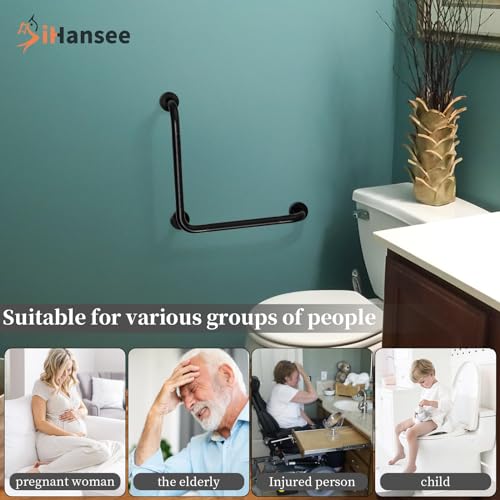 Black Angled Grab Bar 16x16 Inch, Stainless Steel Bathroom Grab Bar w/Anti-Slip Knurled Grip, Wall Mounted Bathtub Toilet Safety Handrail for Elderly Senior, L-Shaped Grab Bar for Shower | Black Bathroom Grab Bar for Senior Elderly, Stainless Steel Handic