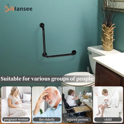 Black Angled Grab Bar 16x16 Inch, Stainless Steel Bathroom Grab Bar w/Anti-Slip Knurled Grip, Wall Mounted Bathtub Toilet Safety Handrail for Elderly Senior, L-Shaped Grab Bar for Shower | Black Bathroom Grab Bar for Senior Elderly, Stainless Steel Handic