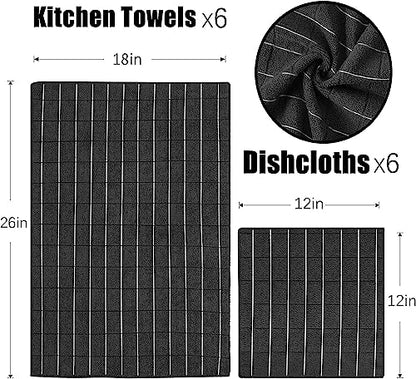 Puomue Microfiber Kitchen Towels and Dishcloths Set, 26 X 18 Inch and 12 X 12 Inch, Set of 12 Bulk Lint Free Dish Towels for Drying Dishes, Black - color: Black