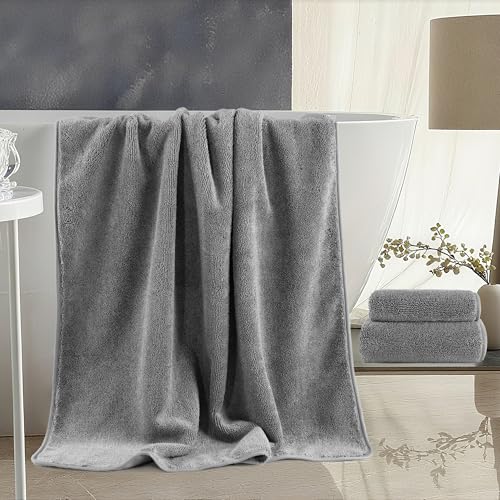 MICROFI Ring Spun Terry Microfiber Bath Towel Set, 3 Piece, Oversize, Quick Dry, Lint Free, Includes Bath, face, and Hand Towels (Gray) - color: Gray