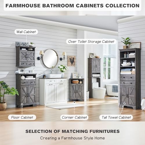 67" Farmhouse Over The Toilet Storage Bathroom Cabinet, Grey Wash | Double Barn Doors, Adjustable Shelf, Open Cubby, Weathered Finish - color: Grey Wash