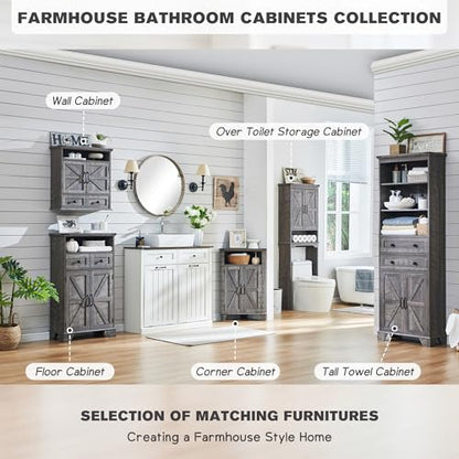 67" Farmhouse Over The Toilet Storage Bathroom Cabinet, Grey Wash | Double Barn Doors, Adjustable Shelf, Open Cubby, Weathered Finish - color: Grey Wash