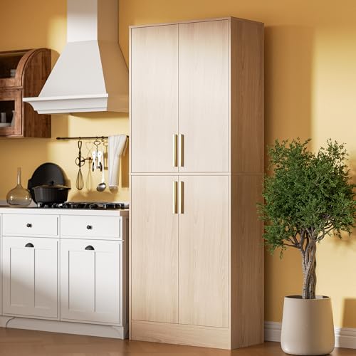 Housoul 71" Tall Pantry Cabinet with 4 Doors, Kitchen Pantry Storage Cabinet, Freestanding Larder Cupboard, Utility Kitchen Hutch with Gold Handles for Dining Room, Bathroom, Oak - color: Oak