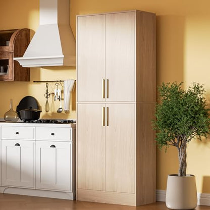 Housoul 71" Tall Pantry Cabinet with 4 Doors, Kitchen Pantry Storage Cabinet, Freestanding Larder Cupboard, Utility Kitchen Hutch with Gold Handles for Dining Room, Bathroom, Oak - color: Oak