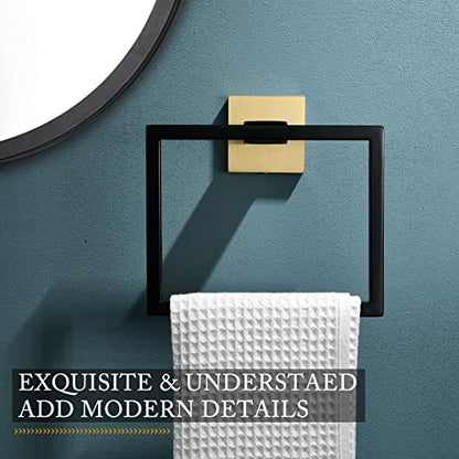 TQKAG Black and Gold Towel Ring, Bathroom Hand Towel Holder, Wall Mount | 5.5 Inch, Square Towel Ring, SUS304 Stainless Steel, Easy Installation, Bathroom Kitchen Entryway Vanity Sink - color: Black+gold